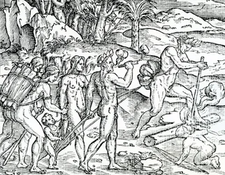 Angelszene, Brasilien, Illustration aus Singularitäten von Frankreich Antarctique, von Andre de Thevet, 1558